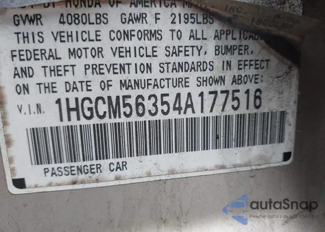 2004 Honda Accord 2.4 Lx from USA, damaged, VIN 1HGCM56354A177516